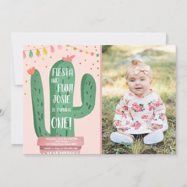 Fiesta and Fun Girl Pink Cactus 1st Birthday Invitation (Front)