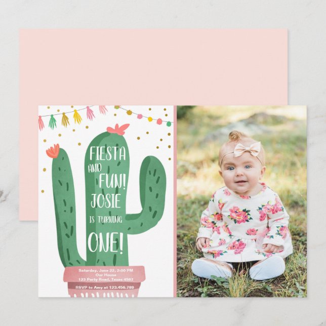 Fiesta and Fun Girl Pink Cactus 1st Birthday Invitation (Front/Back)