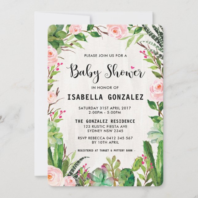 Fiesta Baby Shower Invitation Cactus Pink Floral (Front)