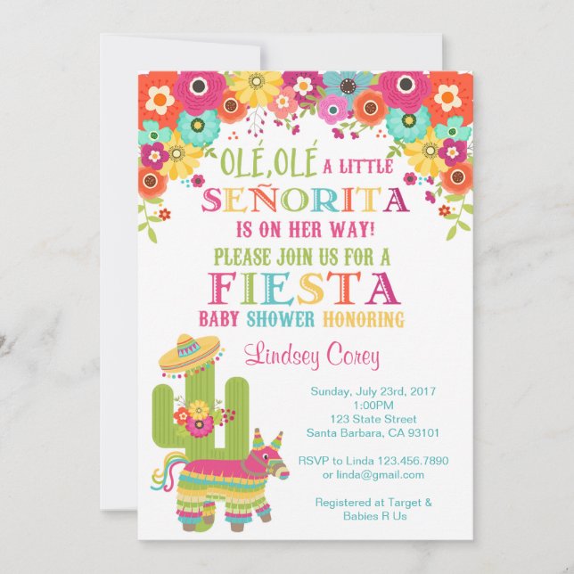 Fiesta Baby Shower Invitation~ Piñata and Flowers Invitation (Front)