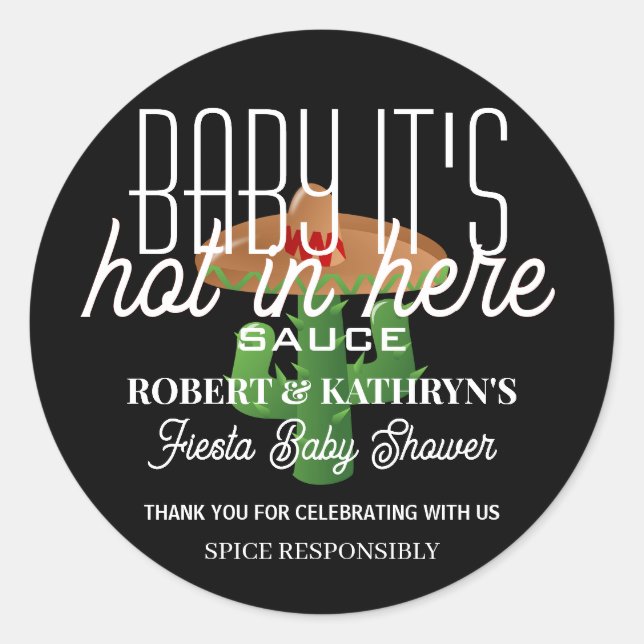 Fiesta Baby Shower Personalised Hot Sauce Classic  Round Sticker (Front)