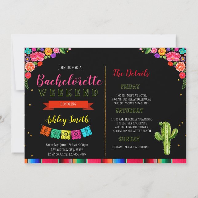 Fiesta bachelorette with Itinerary invitation (Front)