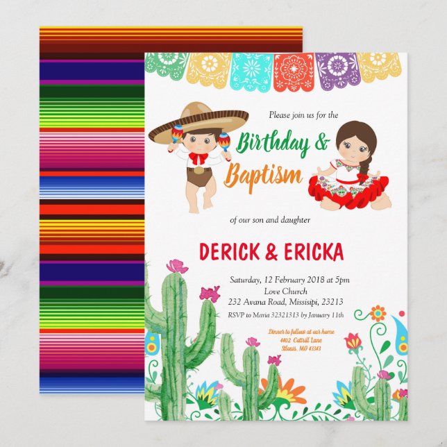 Fiesta Birthday and Baptism for twin boy and girl Invitation (Front/Back)