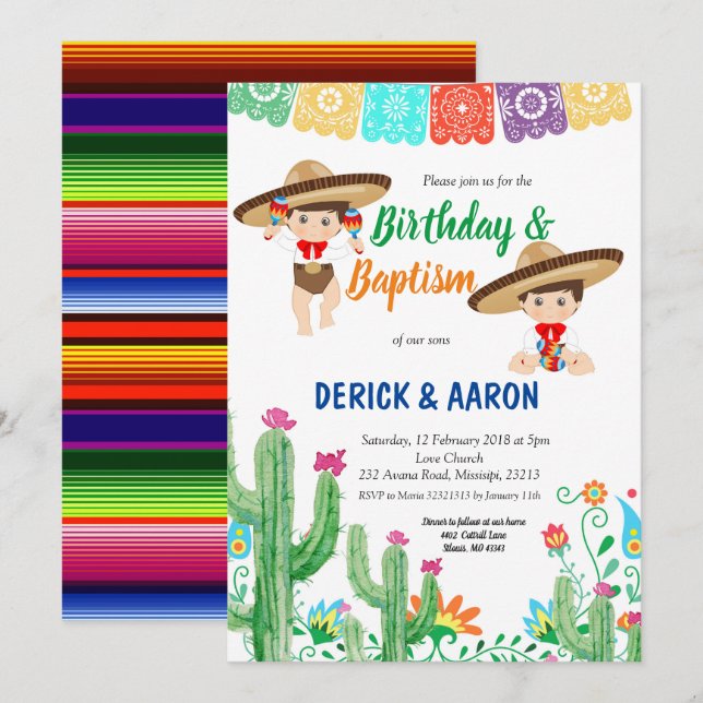 Fiesta Birthday and Baptism for twin boys Invitation (Front/Back)