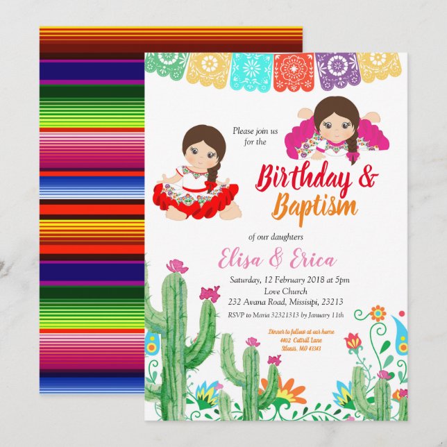 Fiesta Birthday and Baptism for twin girls Invitation (Front/Back)
