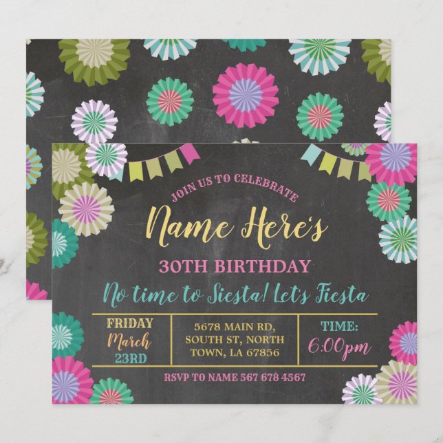 Fiesta Birthday Floral Mexican Fans Pink Flags Invitation (Front/Back)