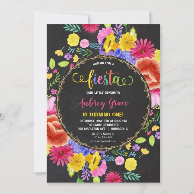 Fiesta birthday girl floral watercolors invitation (Front)