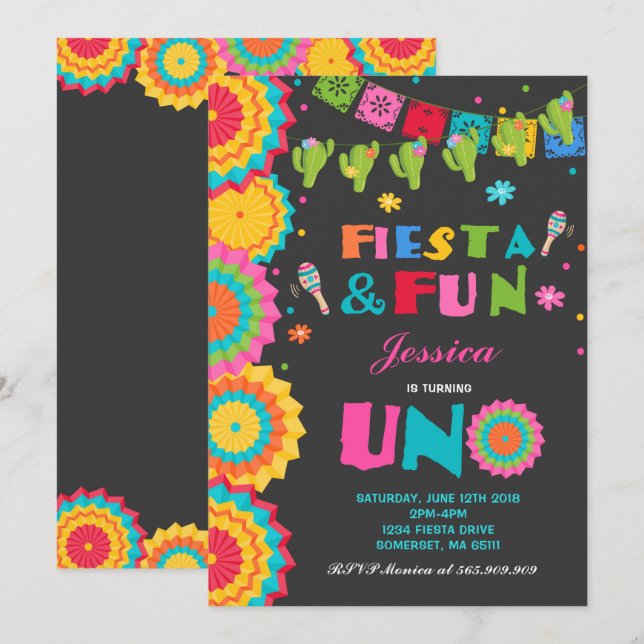 Fiesta Birthday Invitation Fiesta Fun Turning Uno (Front/Back)