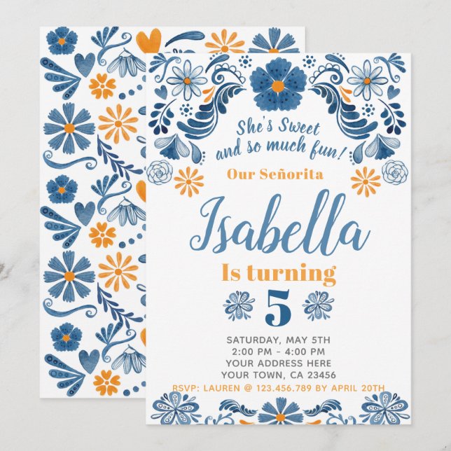 Fiesta Birthday Invitation, Floral Party Invite (Front/Back)