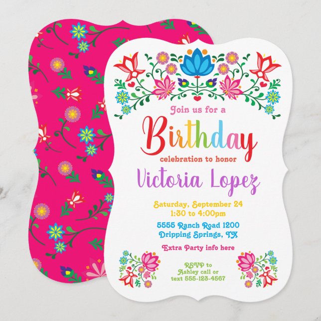 Fiesta Birthday Party folkart flowers Invitation (Front/Back)
