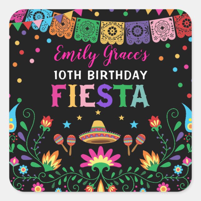 Fiesta Birthday Party Mexican Floral Pattern Square Sticker (Front)