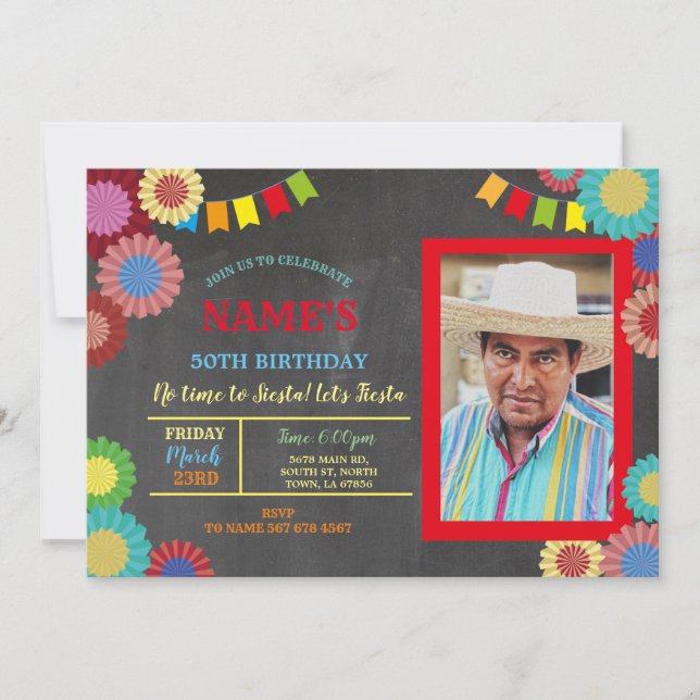 Fiesta Birthday Photo Mexican Pink Fans Red Blue Invitation (Front)