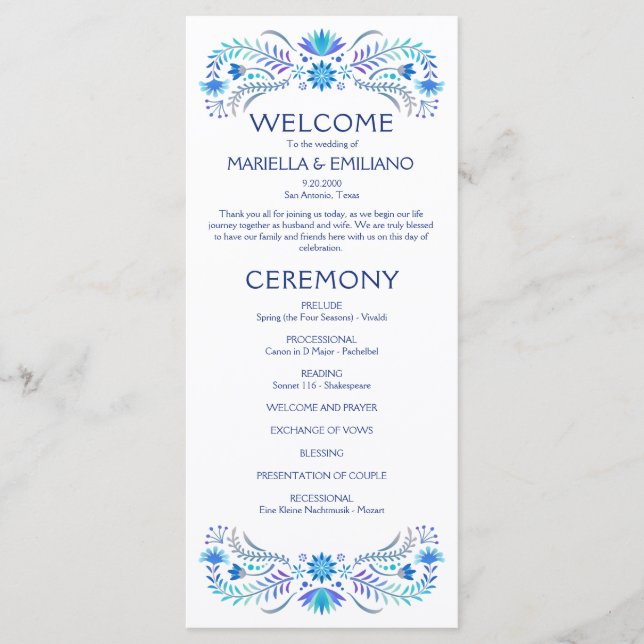 Fiesta Blue Wedding Program Menu (Front)
