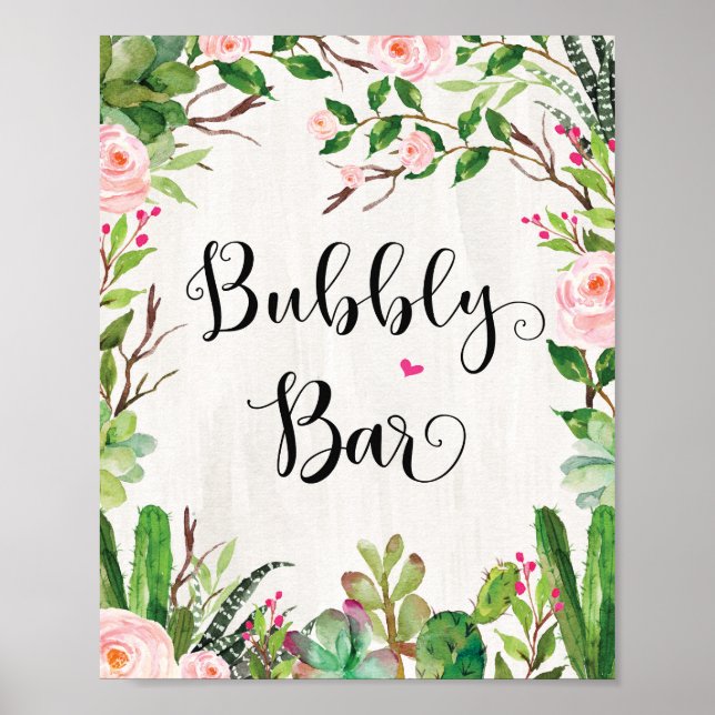 Fiesta Bridal Shower Bubbly Bar Sign Cactus Floral (Front)