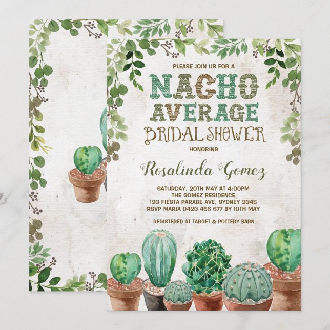 Fiesta Bridal Shower Cactus Succulent Invitation (Front/Back)