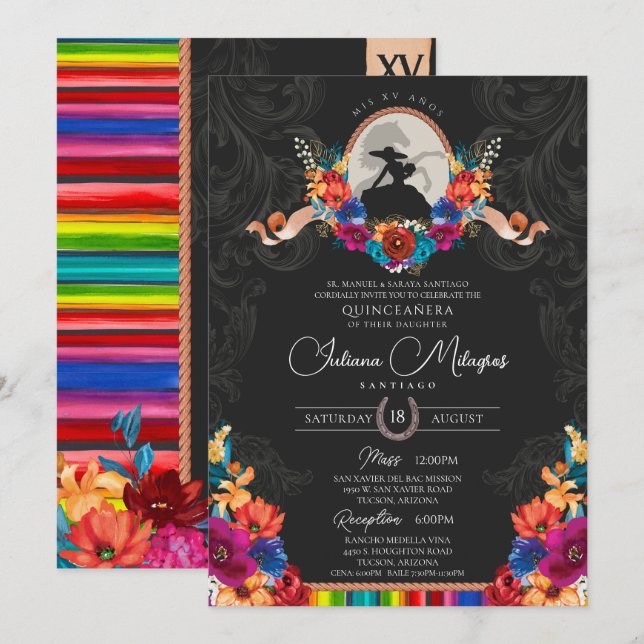 Fiesta Bright Folk Floral Charro Quinceanera Invitation (Front/Back)