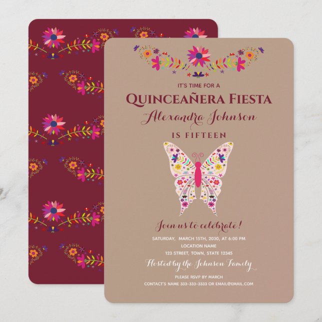 Fiesta Butterfly Mexican Quinceañera Invitation (Front/Back)