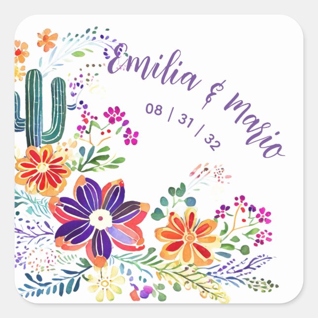 FIESTA Cacti Folkart Flowers Custom Square Sticker (Front)