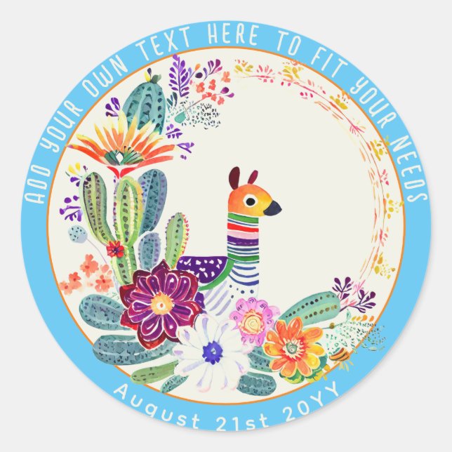 FIESTA Cacti Llama Folkart Flowers Blue Custom Classic Round Sticker (Front)