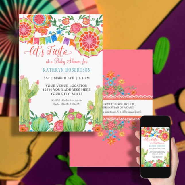 Fiesta Cactus Baby Shower Girl Paper Fan Floral Invitation (Creator Uploaded)