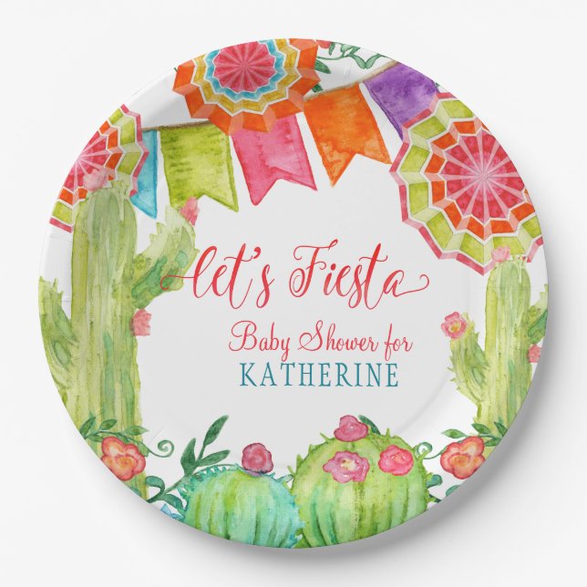 Fiesta Cactus Baby Shower Girl Paper Fan Pennant Plate (Front)
