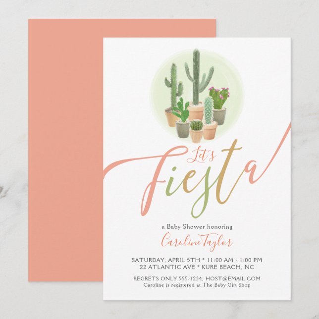 Fiesta Cactus Coral Sage Green Baby Shower Invitat Invitation (Front/Back)
