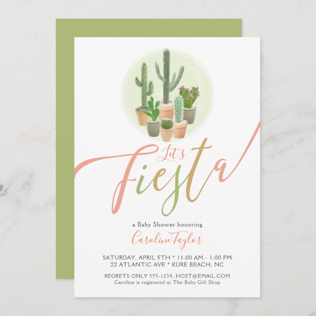 Fiesta Cactus Coral Sage Green Baby Shower Invitation (Front/Back)