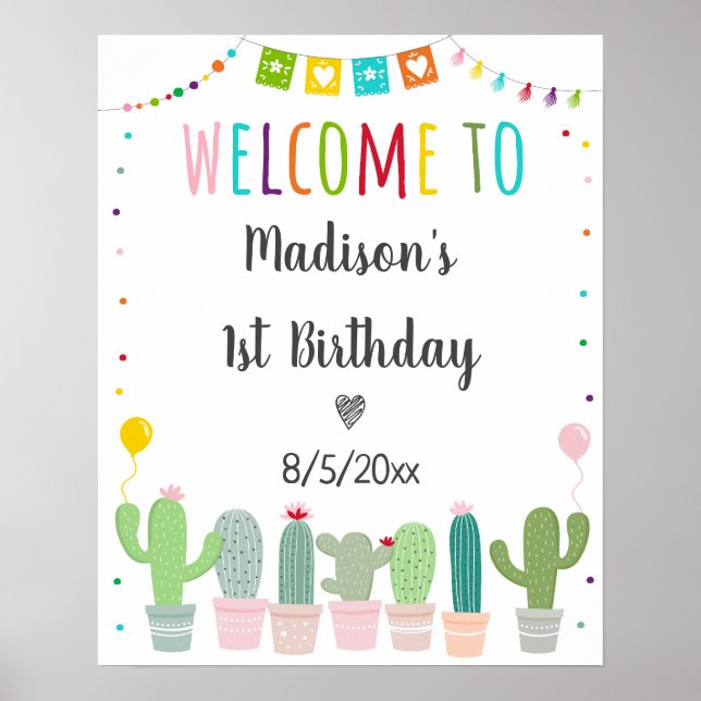 Fiesta Cactus Girl Birthday Welcome Poster (Front)