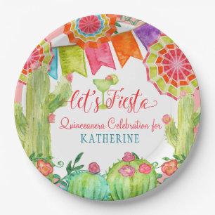 Fiesta Cactus Pink Quinceanera 15th Birthday Party Paper Plate