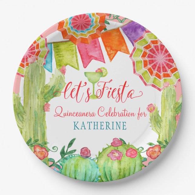 Fiesta Cactus Pink Quinceanera 15th Birthday Party Paper Plate (Front)