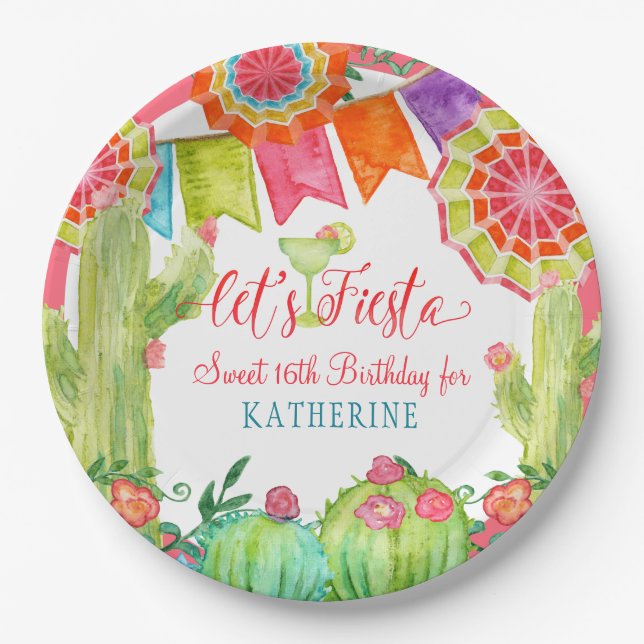 Fiesta Cactus Pink Sweet 16th Birthday Party Paper Plate (Front)