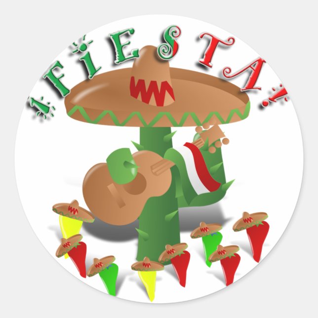 Fiesta Cactus w/Sombrero & Guitar Classic Round Sticker (Front)