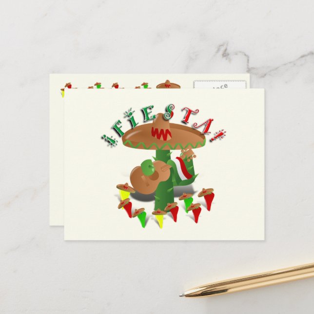 Fiesta Cactus w/Sombrero & Guitar Postcard (Front/Back In Situ)