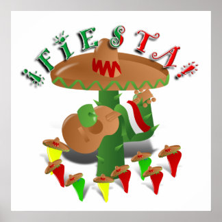 Fiesta Cactus with Guitar & Dancing Peppers Poster
