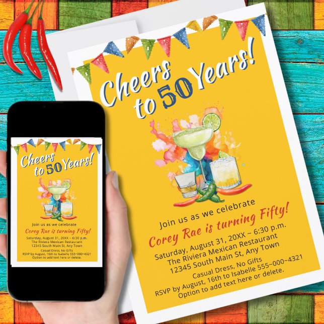 Fiesta Cheers to 50 Years Mexican Themed Birthday Invitation (Creator Uploaded)