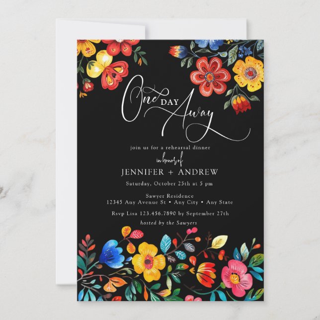 Fiesta Colourful Floral Black Rehearsal Dinner  Invitation (Front)