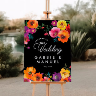 Fiesta Colourful Floral Black Wedding Welcome Sign