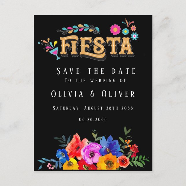 Fiesta Colourful Floral Wedding Save The Date Postcard (Front)