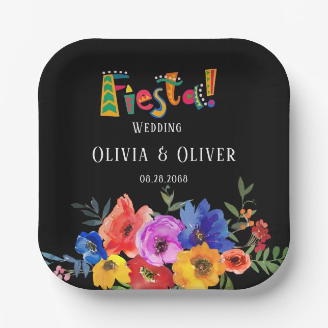 Fiesta Colourful Watercolor Floral Wedding Paper Plate (Front)