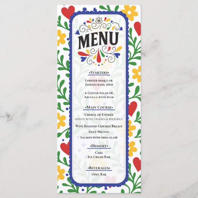 Fiesta de Amor Bold Colourful Floral Wedding Menu (Front)