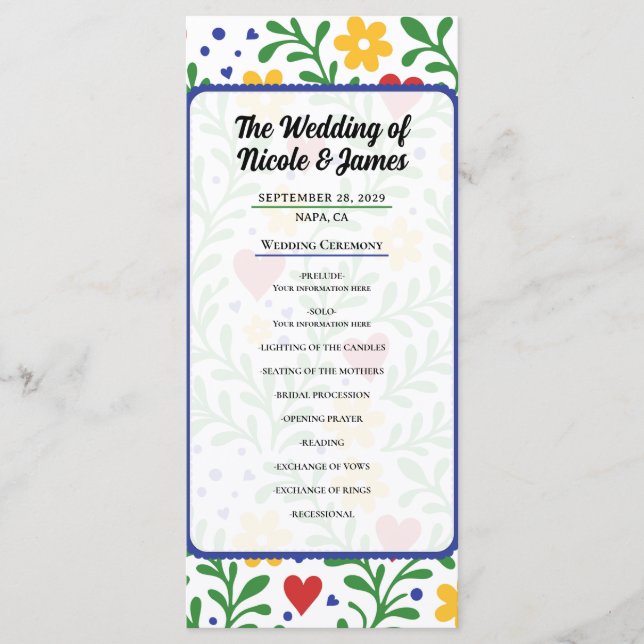 Fiesta de Amor Colourful Floral Wedding Program Menu (Front)