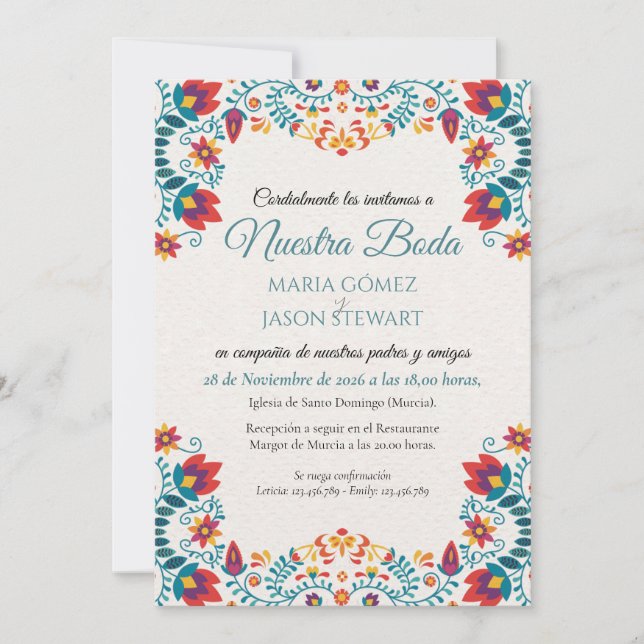 Fiesta Elegant Colorful Floral Spanish Wedding Invitation (Front)
