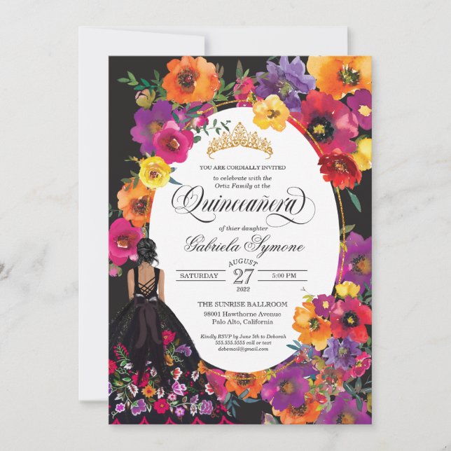 Fiesta Embroidery Watercolor Floral Quinceanera Invitation (Front)