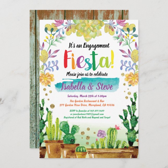 Fiesta engagement party invitation with cactus (Front/Back)