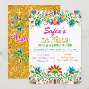 Fiesta First Birthday Floral Glitter Invitation