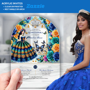 Fiesta Floral Butterflies QUINCEANERA Blue Gold Acrylic Invitations