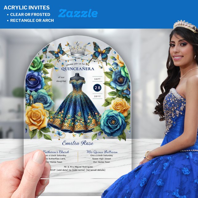Fiesta Floral Butterflies QUINCEANERA Blue Gold Acrylic Invitations (Creator Uploaded)