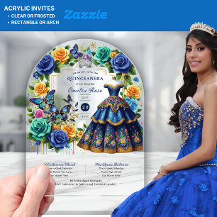 Fiesta Floral Butterflies QUINCEANERA Blue Gold Acrylic Invitations