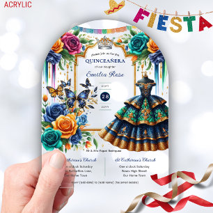 Fiesta Floral Butterflies QUINCEANERA Blue Gold Acrylic Invitations