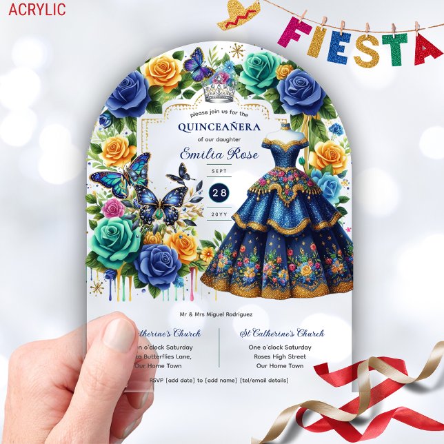 Fiesta Floral Butterflies QUINCEANERA Blue Gold Acrylic Invitations (Creator Uploaded)